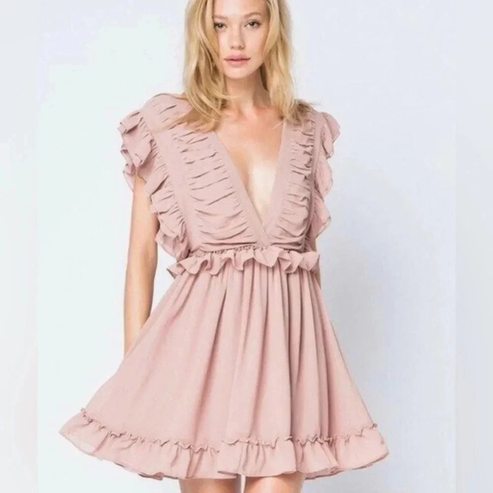 Storia On A Rendezvous Dusty‎ Pink Ruffle Romantic Feminine Mini Dress Small